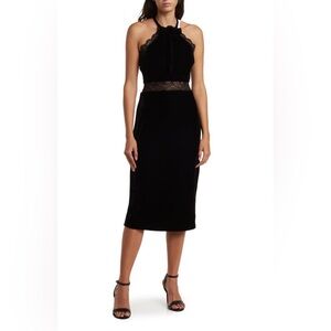 NWOT BCBGeneration Trim Bow Velvet Dress In Black Onyx Lace Midi Dress Size S